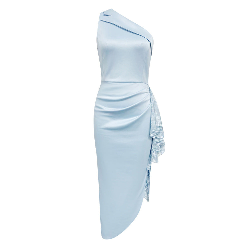 One Shoulder Sleeveless Dress with Side Slit and Lace Stitch Detail | noémi