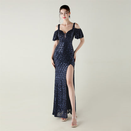 Sequin Dress | Floor Length Cold Shoulder Dress with Side Slit | Deep VPlunge High Slit Fishtail Dress Cocktail | noémi