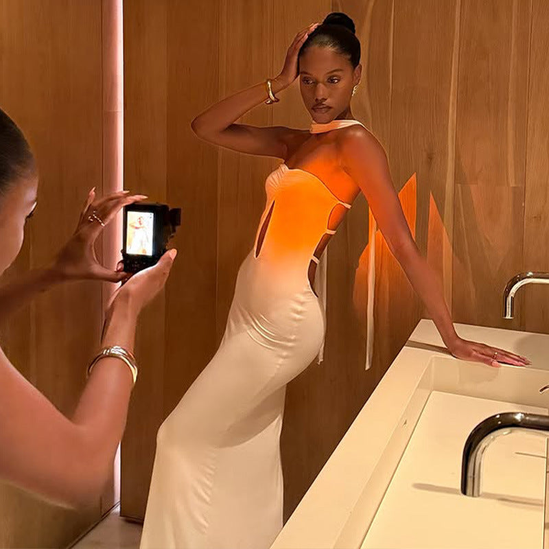 Womens Cutout Backless Long Sheath Dress with Scarf Detail | noémi