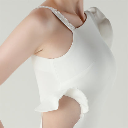 Satin One Shoulder Beaded Fishtail Gown | Cut Out Ruffled Hem Slim Fit | noémi