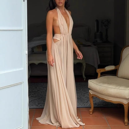 Summer Deep V Neck, Pleated Halter, Backless | Long Formal Gown | noémi