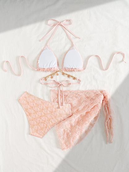 Pink High Sense Halter Swimsuit with Wrap Skirt Cover Up | Three Piece Lace Bikini Set | noémi