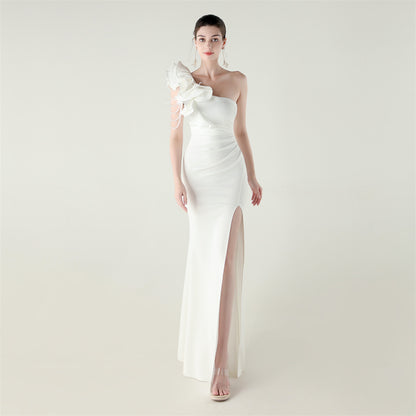 One Shoulder Floral Satin Gown | Beaded Ruffle High Slit | noémi