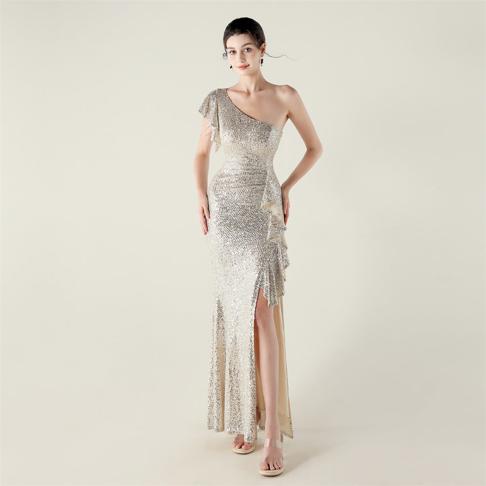 One Shoulder Ruffle Sequin Dress | noémi