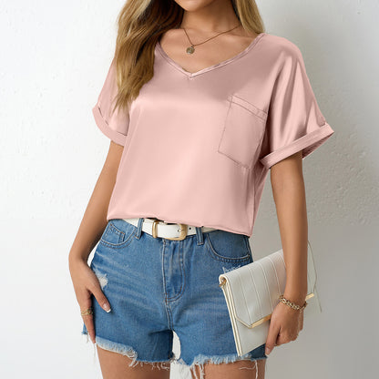 Women Satin T shirt Spring Summer Loose Pockets Short Sleeved Top | noémi