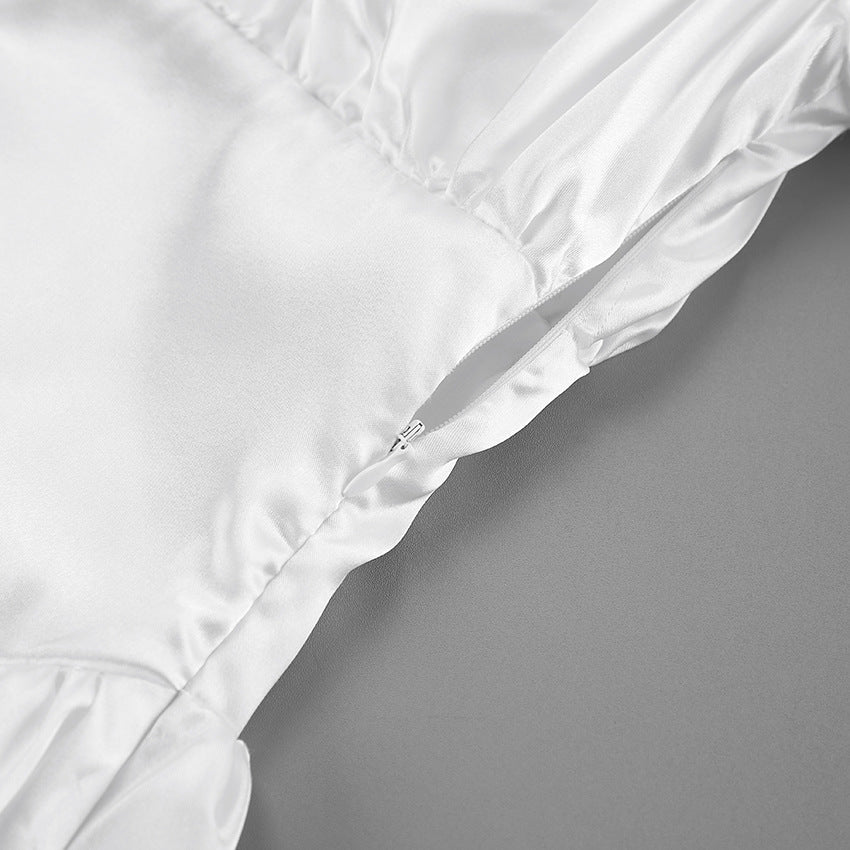 White Satin V Neck Pettidress | Lantern Sleeves | noémi