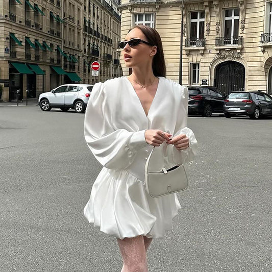 White Satin V Neck Pettidress | Lantern Sleeves | noémi