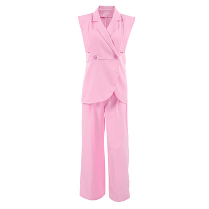 Pink Sleeveless Blazer & Wide Leg Trousers Set | Summer Two Piece Suit | noémi