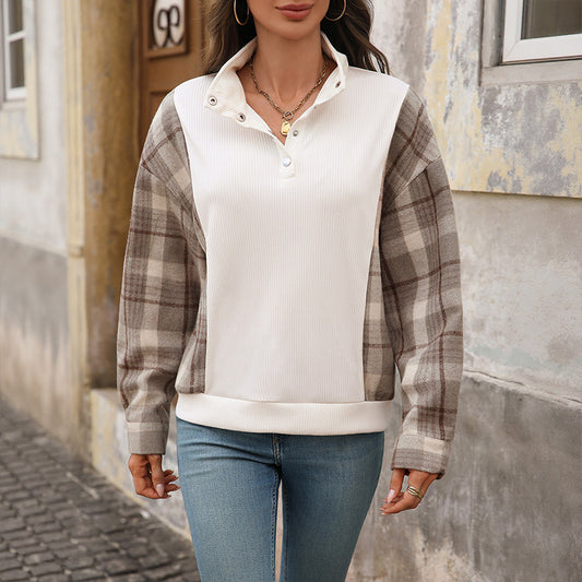 Womens Retro Plaid Sleeve Sweater | Half Button Pullover | noémi