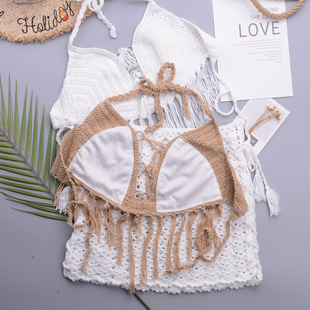 Retro Crochet Split Swimsuit with Halter Tassel Strap and A Line Beach Skirt Set | noémi
