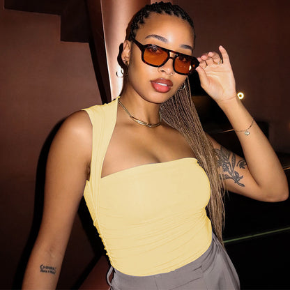 Womens Pleated Square Neck Sleeveless Top | Slim Fit Solid Tank | noémi