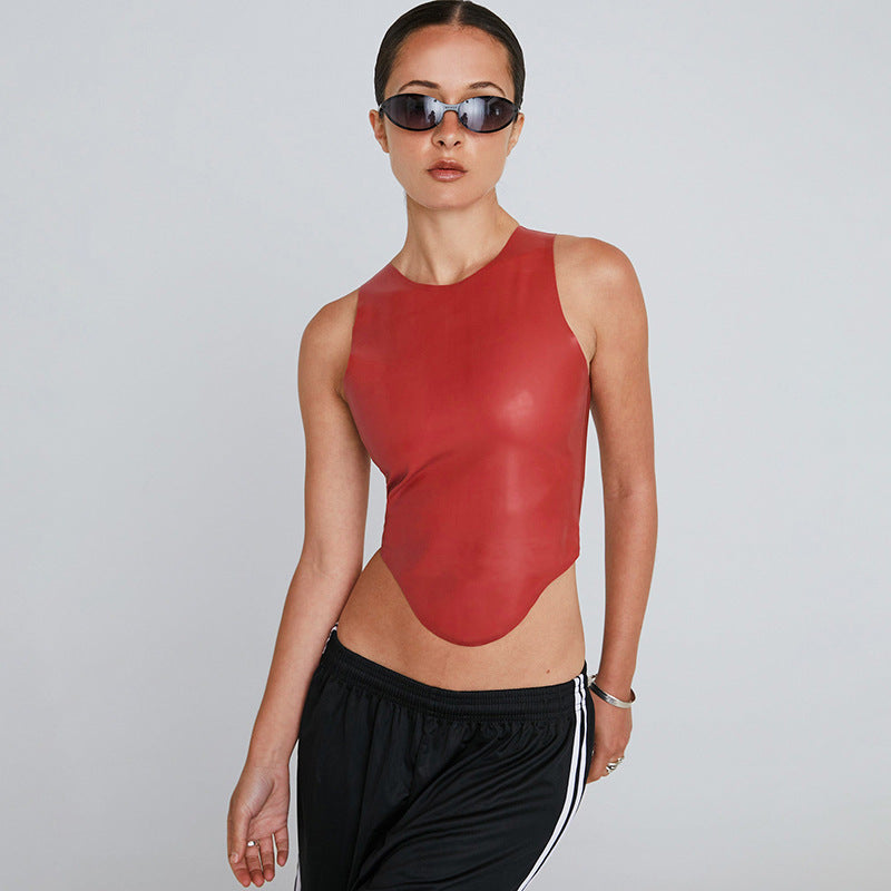 Womens Leather Sleeveless Top | Round Neck with Hem | noémi