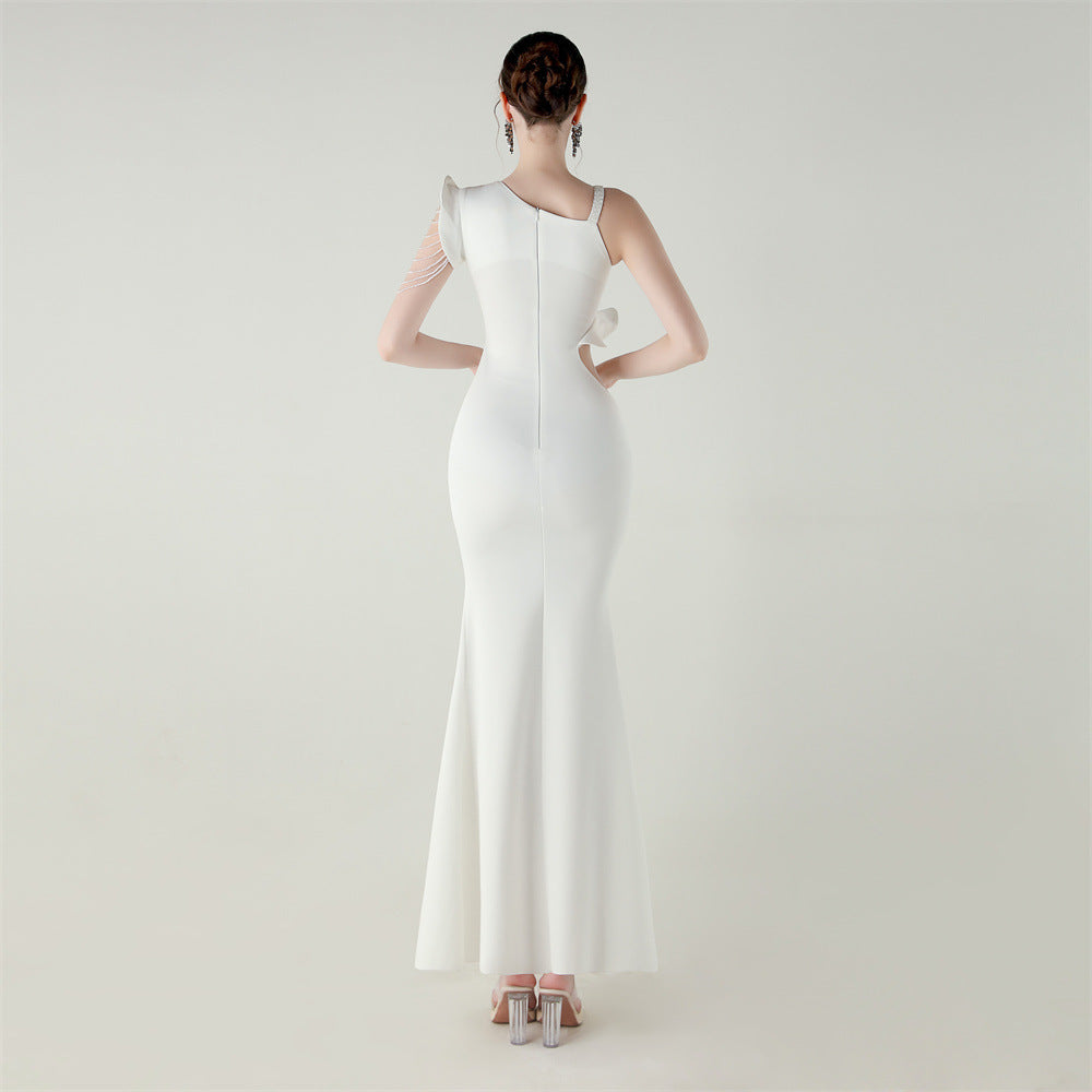 Satin One Shoulder Beaded Fishtail Gown | Cut Out Ruffled Hem Slim Fit | noémi