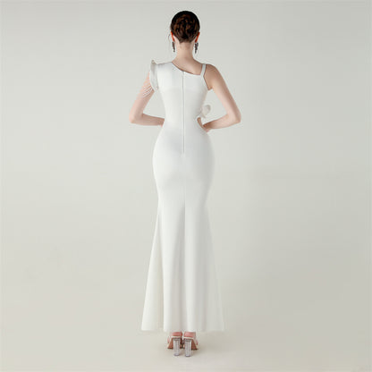Satin One Shoulder Beaded Fishtail Gown | Cut Out Ruffled Hem Slim Fit | noémi