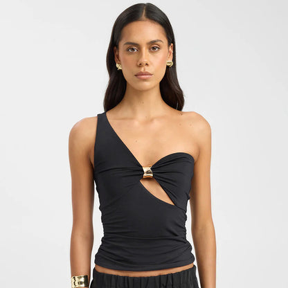 One Shoulder Cutout Top with Gold Ring | White Slim Fit Summer Tank | noémi