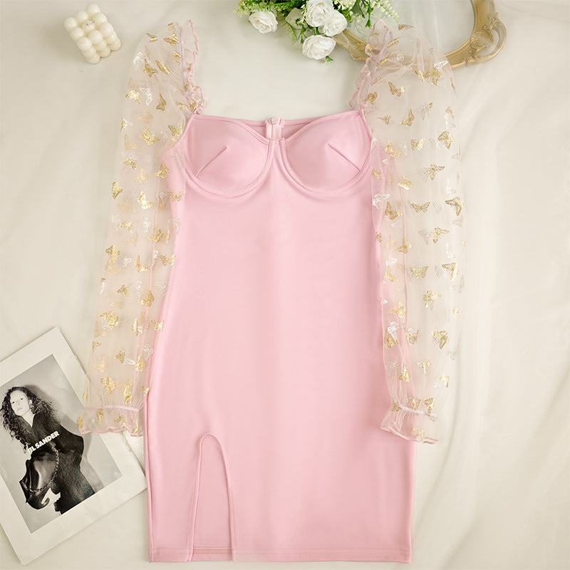 Mesh Puff Sleeve Dress with Slim Fit and Sheer Detail | noémi