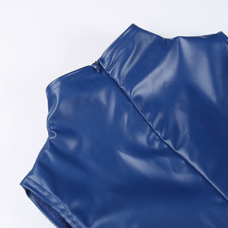 Stand Collar | Sleeveless | Ruffle Hip | Faux Leather | Slim Fit Dress | noémi