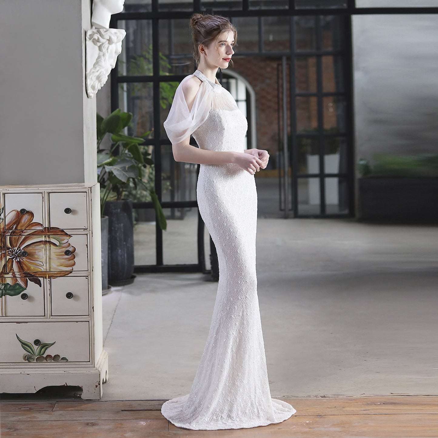 Sequin Gown with Sheer Cape | Sparkling Maxi Fishtail Dress | noémi