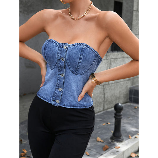 Womens Strapless Denim Corset Top | Backless Bustier Tube Top | noémi