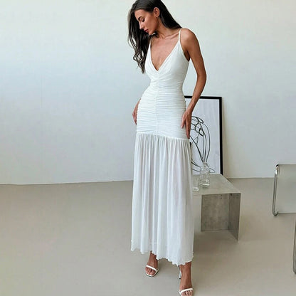 V Neck Mesh Stitch Pleated Dress with Slim Fit and Strap Detail | noémi