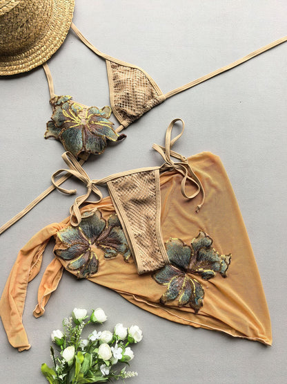 Three Piece Yellow Floral Bikini Set | Crochet Halter Top, Tie Side Bottoms & Mesh Sarong | noémi