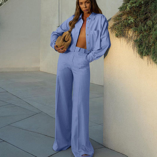Women’s Two Piece Set | Striped Collared Crop Shirt & Wide Leg Pants | noémi