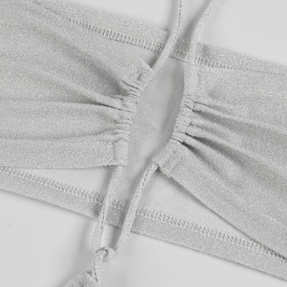 Silver Shimmer Cutout Gown | Backless Halter Maxi Dress with Metallic Glow | noémi