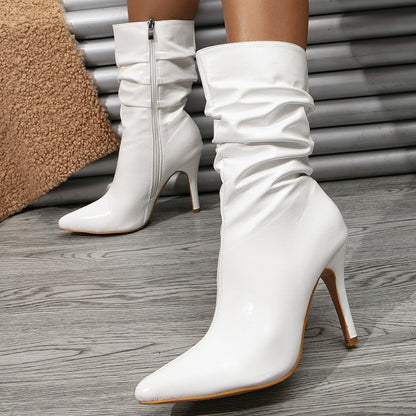 White Pleated Pointed Toe High Heel Ankle Boots | British Style Stiletto Booties for Women | noémi