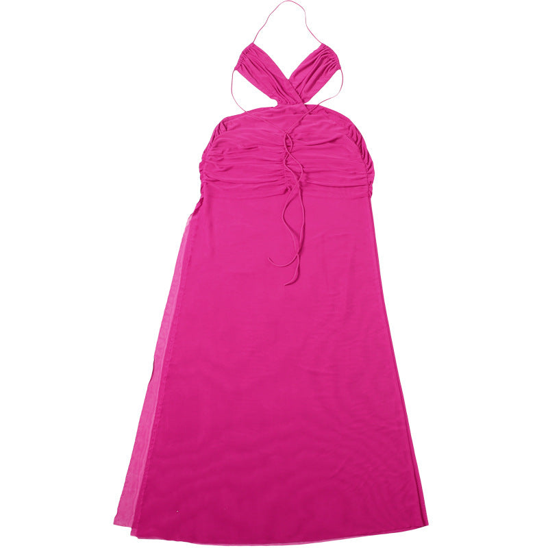 Womens Lace Up Halter Backless Sheer Maxi Dress | noémi