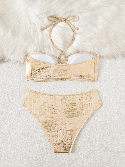 Shiny Split Swimsuit with Bandeau Top and Lace Up Back | noémi