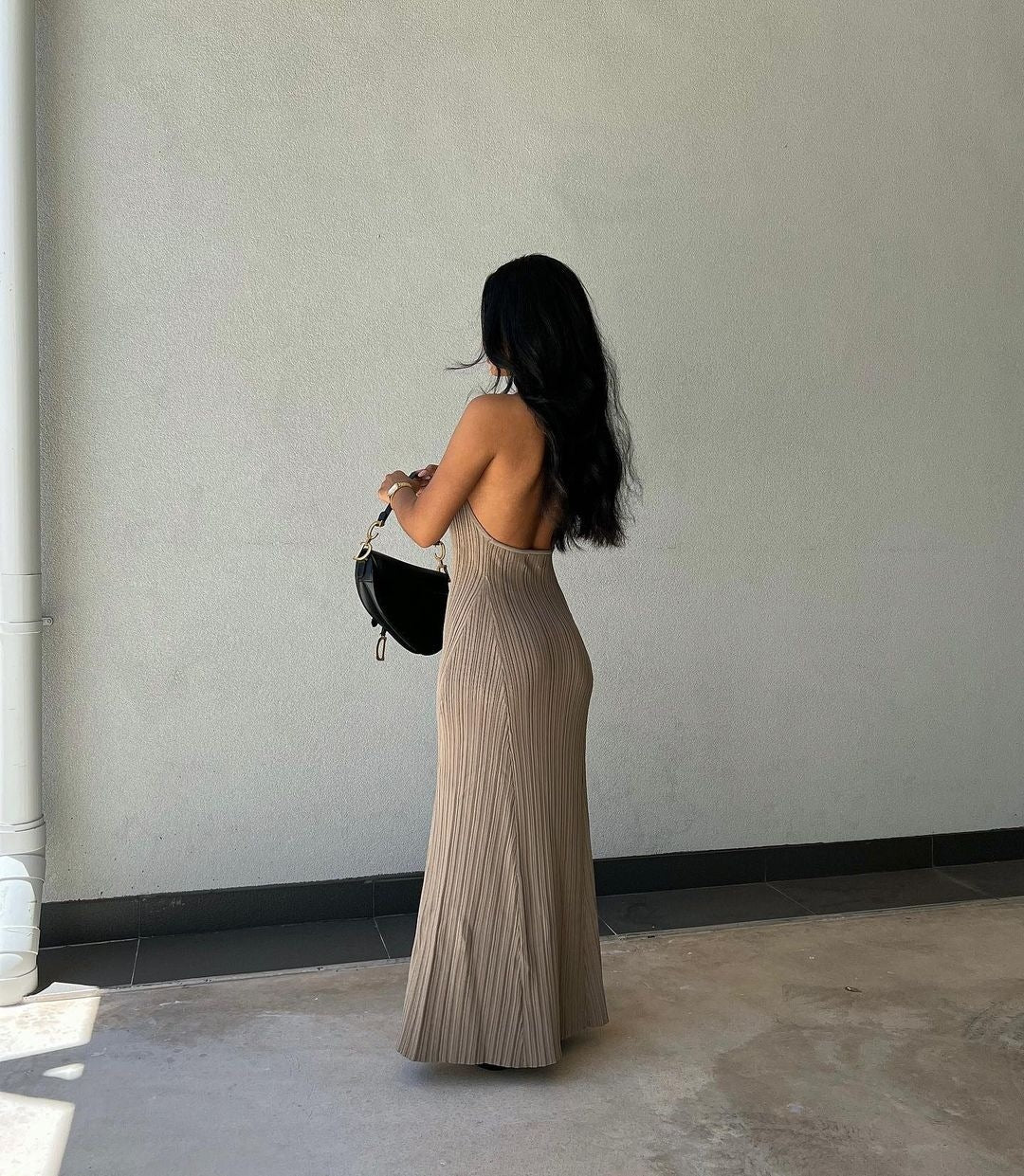 V Neck Knitted Long Dress with Backless Lace Up Detail | noémi