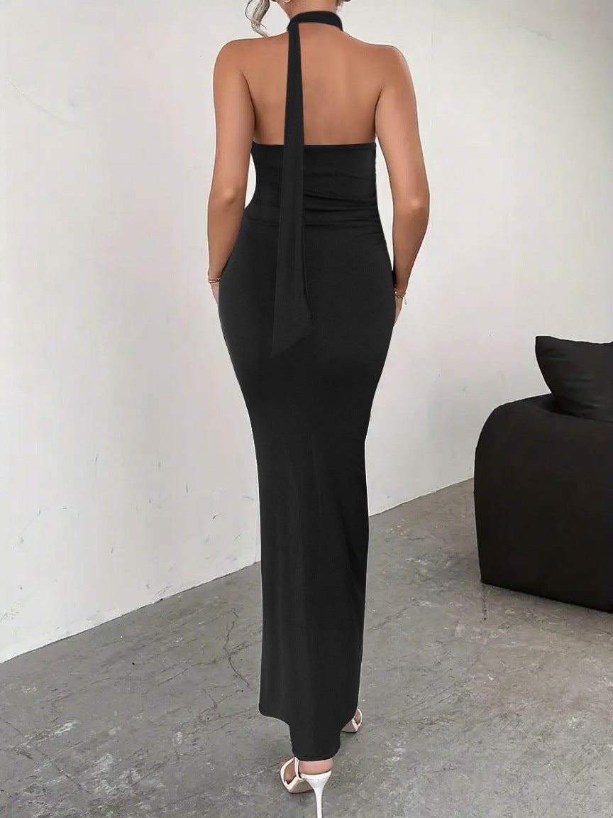 Womens Backless Lace Up Sleeveless Dress with Ribbon Detail High Slit | noémi