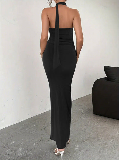 Womens Backless Lace Up Sleeveless Dress with Ribbon Detail High Slit | noémi