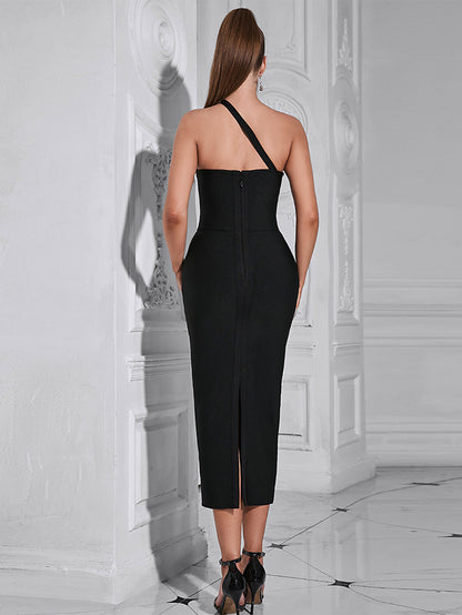 Chain Strap One Shoulder Mid Length Bodycon Dress | noémi