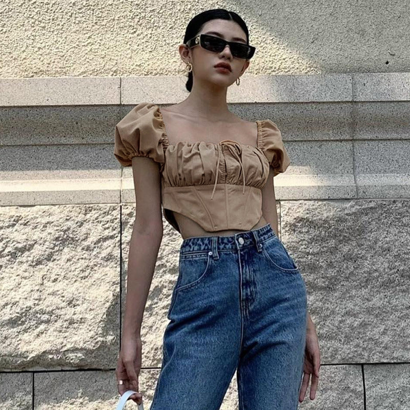 Solid Color Patchwork Backless Pleated Zipper Short Sleeve Top | noémi