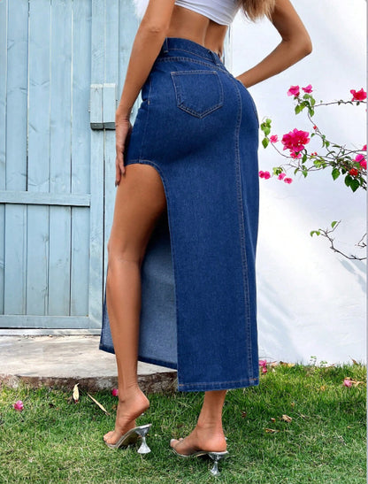 High Slit Denim Midi Skirt | Sultry Side Split | noémi