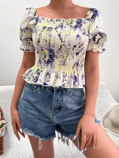 Womens Sleeve Smocked Top | Ruffle Hem, Leopard Print, Off Shoulder | noémi