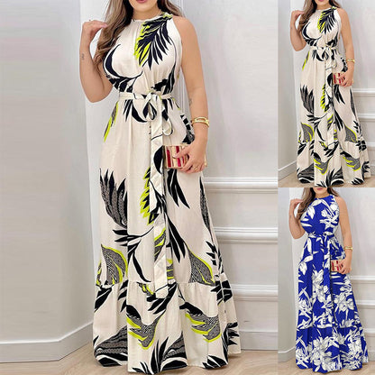 Retro Printed Halter Maxi Dress with Round Neck | noémi