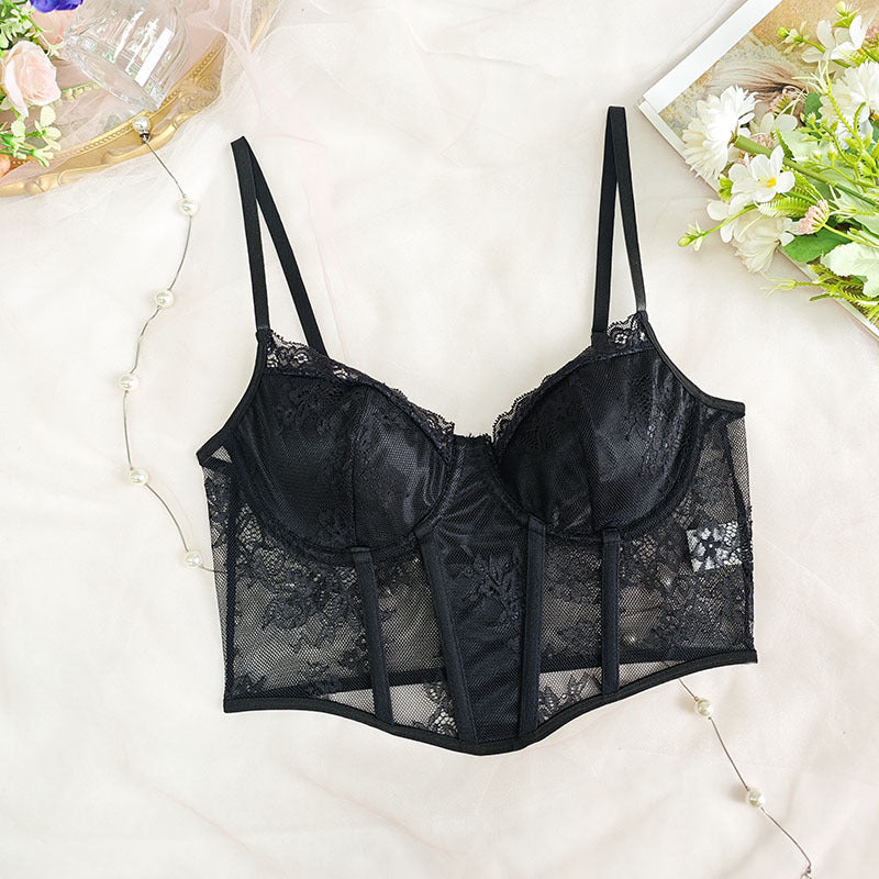 Sheer Lace Mesh Corset Bra with Boning and Suspender Straps for Women | noémi