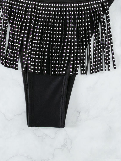 Womens Tassel Rhinestone Bikini | V Neck Halter Strappy Three Piece Swimwear | noémi