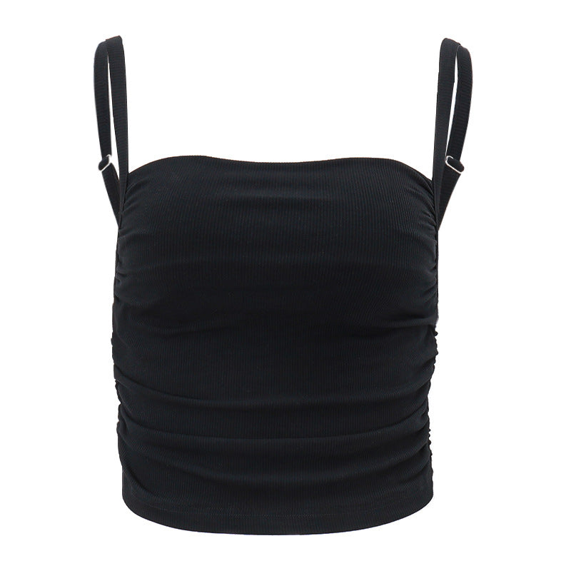 Ruched Stretch Camisole | Black Ribbed Tank with Adjustable Spaghetti Straps | noémi