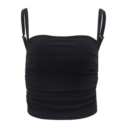 Ruched Stretch Camisole | Black Ribbed Tank with Adjustable Spaghetti Straps | noémi