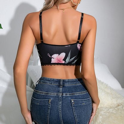 Printed Lace Cutout Cropped Top with Bow and Beauty Back Strap | noémi