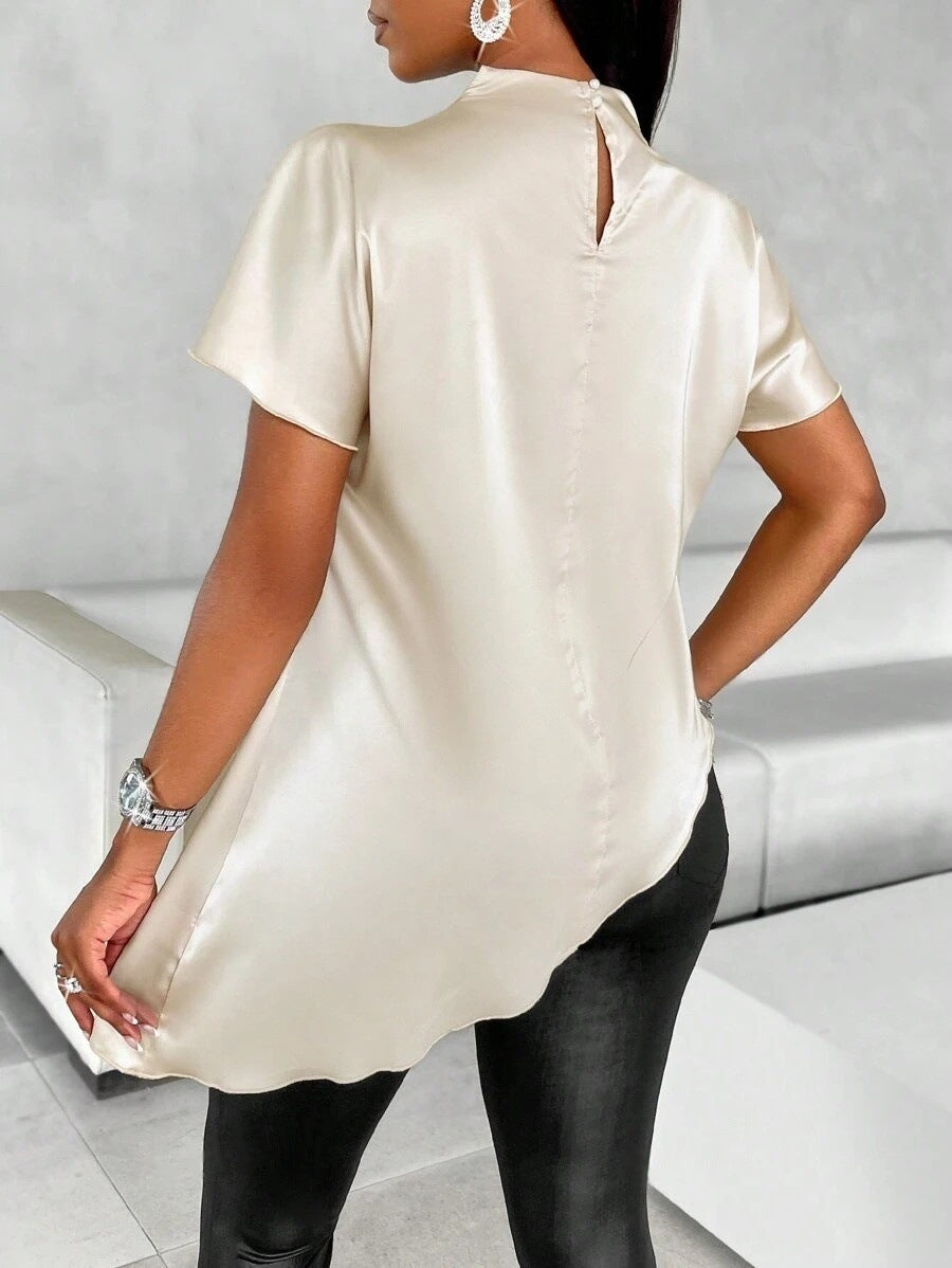 Satin Blouse | High Neck Short Sleeve Top in Champagne | noémi