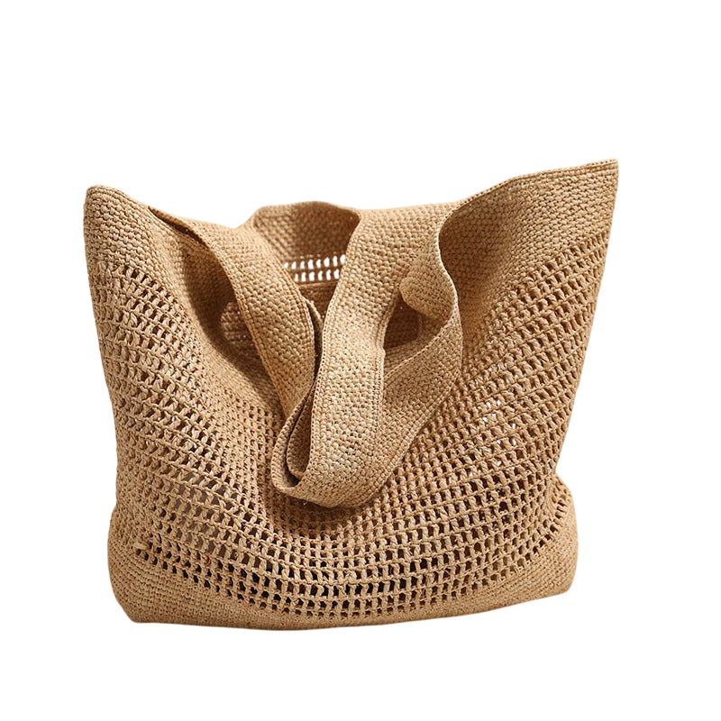 Raffia Straw Shoulder Tote Bag – Large Capacity, Hollow-Out Weave, Brown | noémi