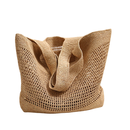 Raffia Straw Shoulder Tote Bag – Large Capacity, Hollow-Out Weave, Brown | noémi