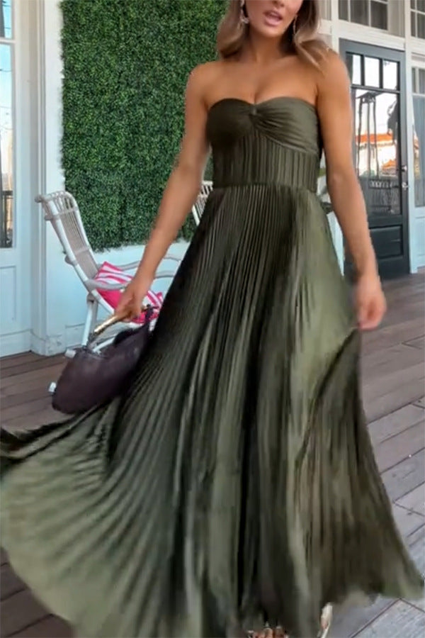 Pleated Satin Maxi Dress | Strapless Wrapped Chest | noémi