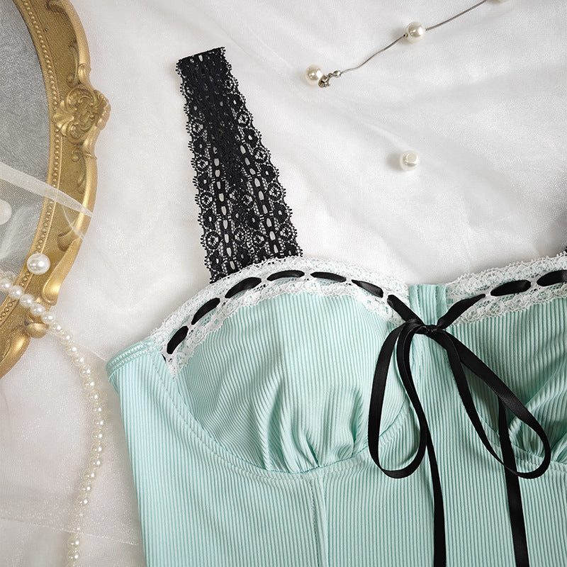 Mesh Wrapped Bow Strap Vest with Fitted Waist and Cropped Silhouette | noémi