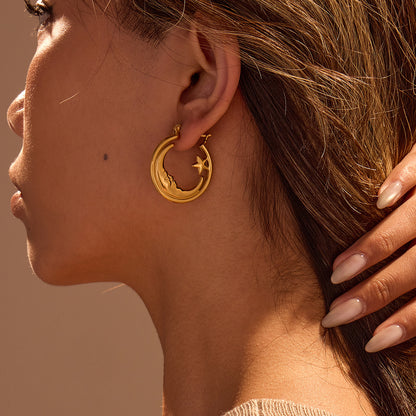 Retro Star Hoop Earrings | Gold Stainless Steel, Hollow Out Cutout Design | noémi