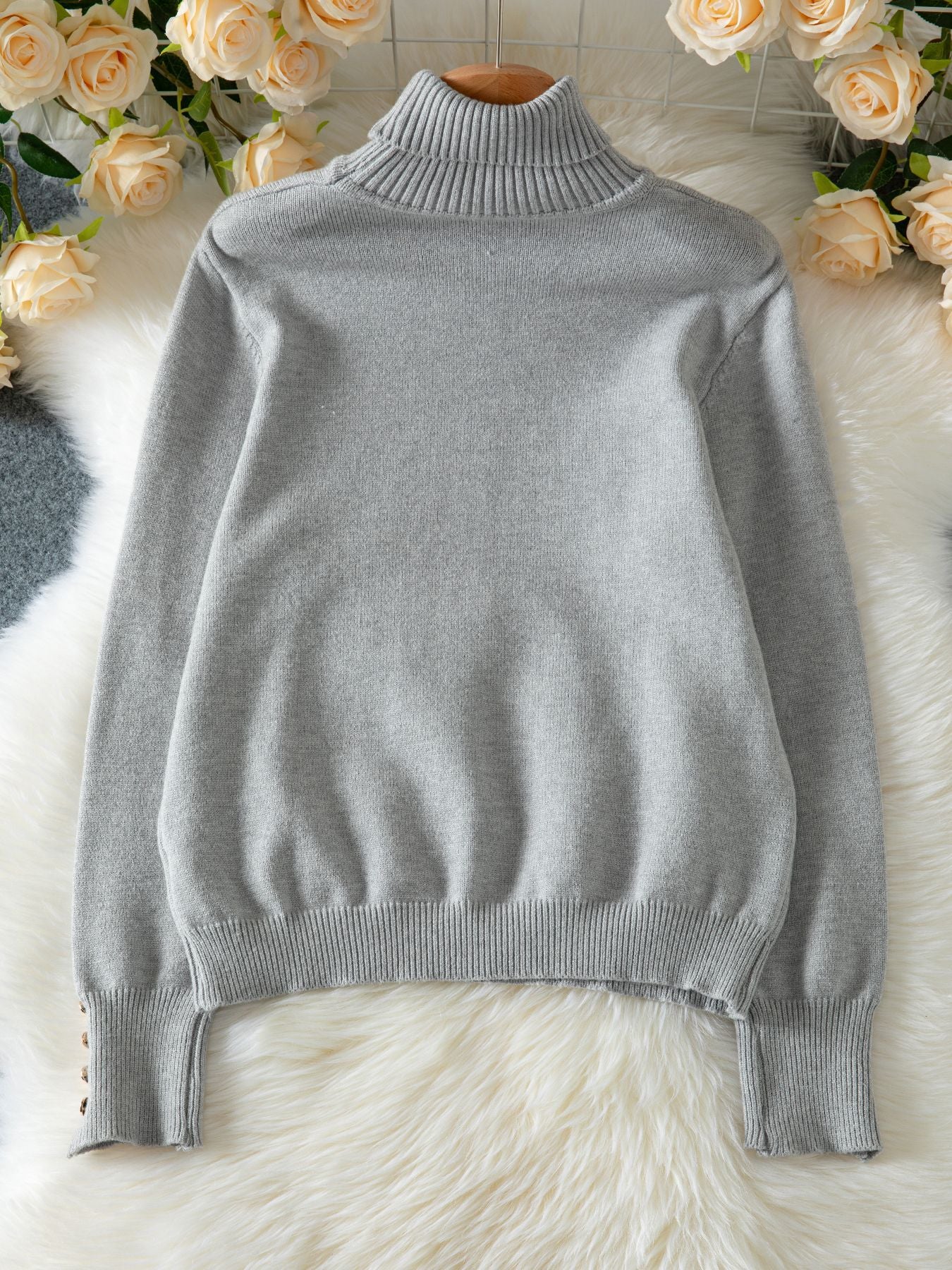 Womens Knit Turtleneck Sweater | Soft Ribbed Pullover with Button Cuffs | noémi